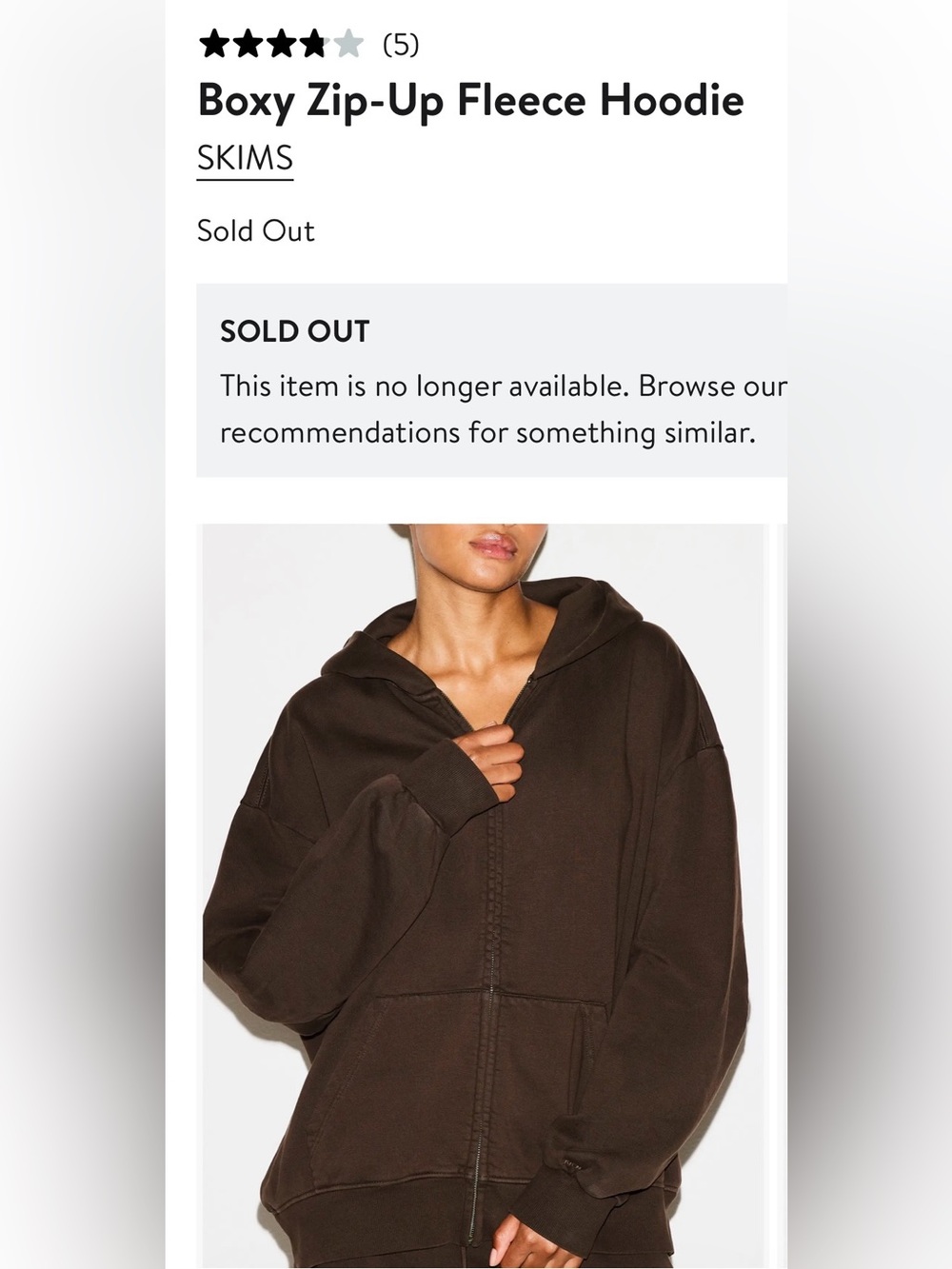 SKIMS Espresso Boyfriend Fleece Boxy Zip-Up Hoodie​ NWT